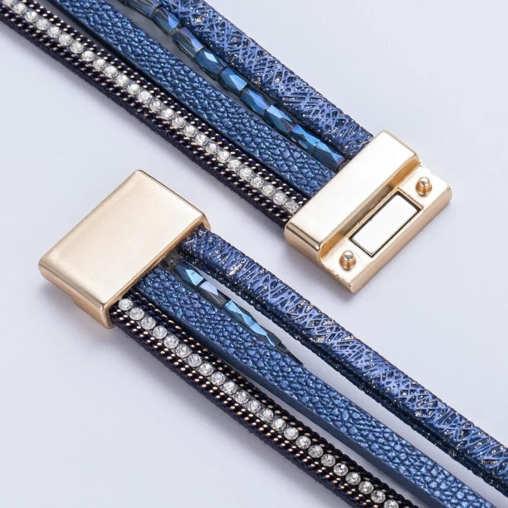 Women's Navy Blue Boho Leather Wrap Stackable Chunky Crystal Cuff Bracelets